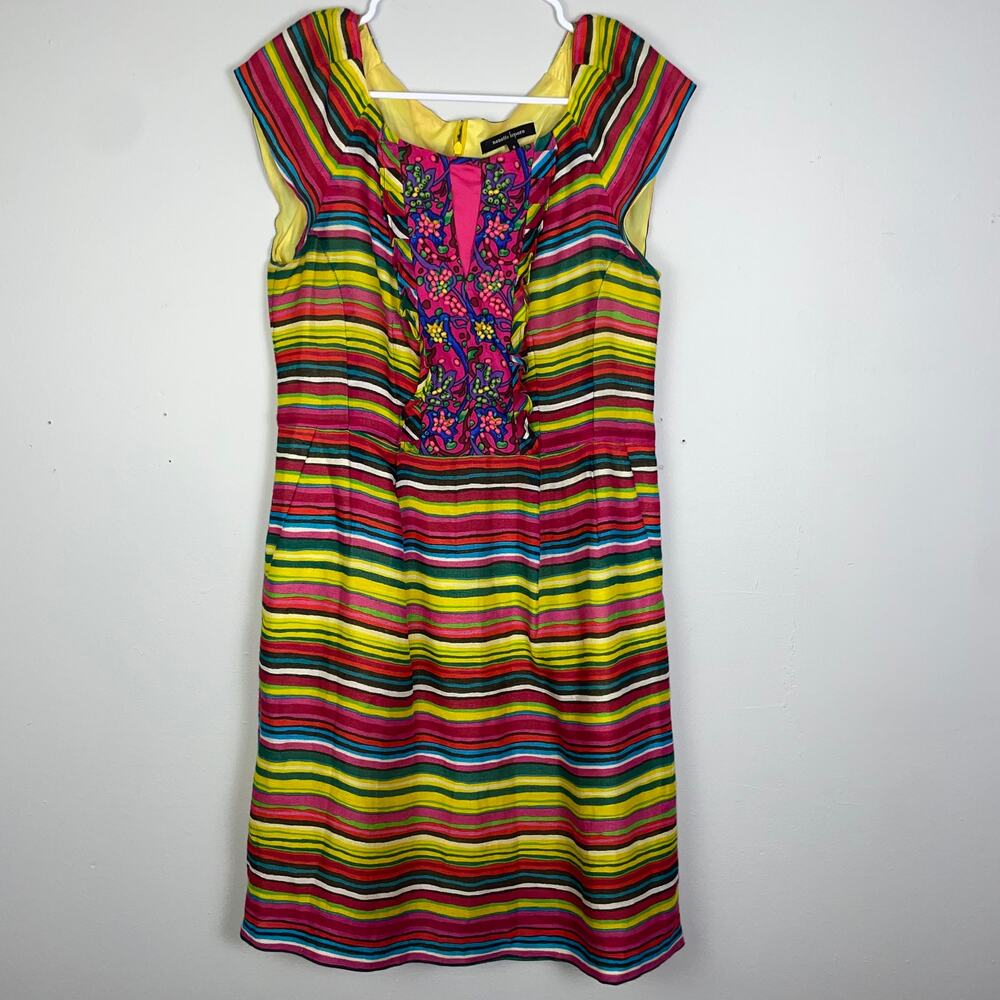 Nanette Lepore Linen Dress Size 8 Vibrant Stripes Beaded Neck Ruffle Accent